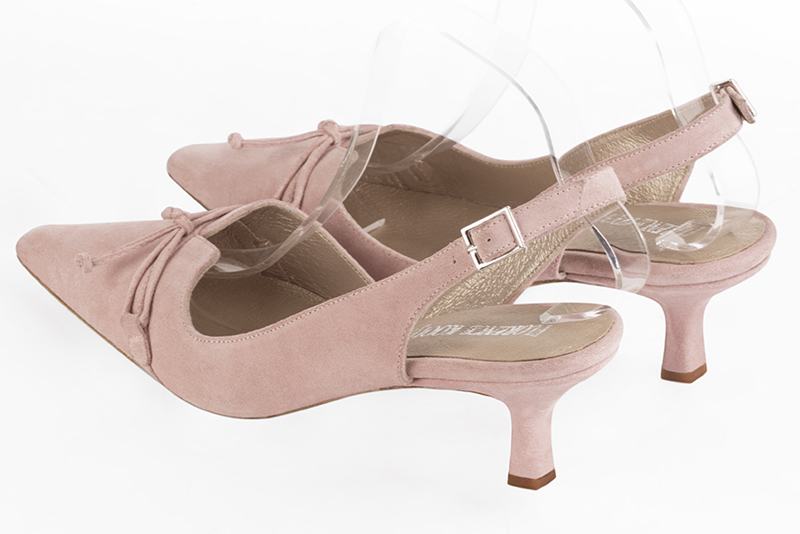 Powder pink women's open back shoes, with a knot. Tapered toe. Medium spool heels. Rear view - Florence KOOIJMAN